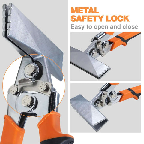 Pro-Grade 6 Inch Sheet Metal Hand Seamer with ergonomic grip and safety lock, shown in close-up of straight jaw pliers.