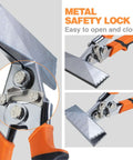 3 Inch Sheet Metal Hand Seamer With Ergonomic Grip Handle, close-up of metal safety lock on heavy duty steel construction, orange handle