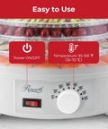 Straight Up Five Tray Food Dehydrator Machine With Adjustable Temperature Dial showing power button and temp settings for easy use.