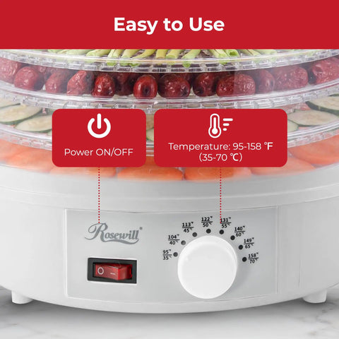 Straight Up Five Tray Food Dehydrator Machine With Adjustable Temperature Dial showing power button and temp settings for easy use.