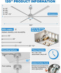 Diagram of 120-Inch HVLS ceiling fan features with remote control, dimensions, mounting options, and safety information for warehouses.