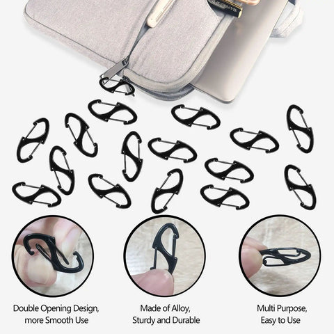 18 Pack Double Sided Spring Carabiner Clips For Keys Backpacks And Zippers, shown with laptop, durable and lightweight metal design.