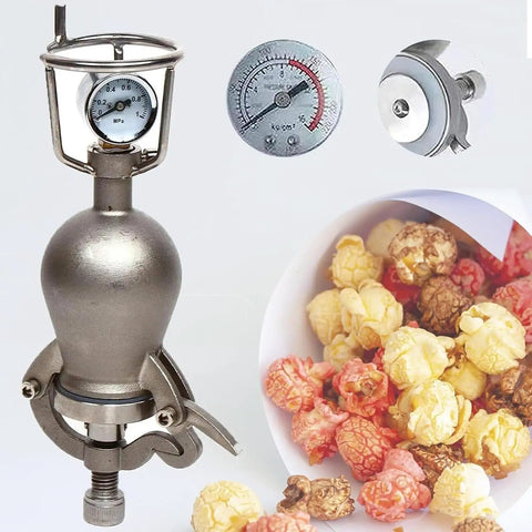 Old School Hand Crank Popcorn Cannon With Precision Pressure Gauge And Base, 1000ml Capacity, Vintage Style Popcorn Maker shown with popped corn