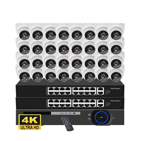 Reliable 32Ch 4K Indoor Dome Security Camera System With PoE NVR featuring 32 dome cameras and a PoE switch for seamless monitoring.