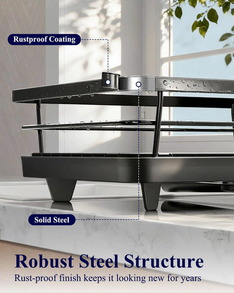 Close-up of Compact Dish Drying Rack For Kitchen Counter Black, showing rustproof coating and solid steel structure.