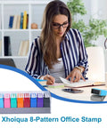 Slick 8 Piece Multicolor Office Stamp Set Featuring No Sweat Self Inking Rubber Design For Quick Document Marking Like Paid Approved And Confidential With Dope Storage Case, with stamps on a desk.