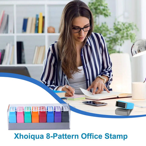 Slick 8 Piece Multicolor Office Stamp Set Featuring No Sweat Self Inking Rubber Design For Quick Document Marking Like Paid Approved And Confidential With Dope Storage Case, with stamps on a desk.