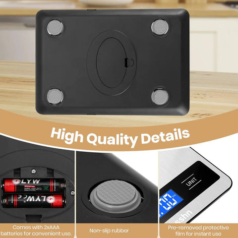 Ultra Precise Kitchen Scale With 11 Lb Capacity And 0.05 Oz Or 1 G Increments, Tare Function, LCD Backlit Display, Stainless Steel Platform, Four Sensor Technology For Baking, Cooking, Meal Prep, A Killer Gift For Home Cooks showing battery placement, rubber stoppers, and LCD detail