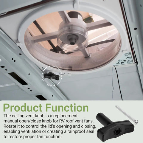 Manual Lift Knob Kit K1140-09 RV Vent Handle Replacement For Fantastic Fan And Atwood, shown with vent and installation details