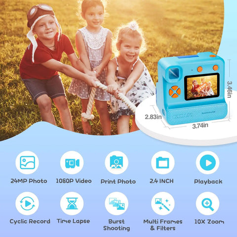Kids Instant Print Camera For Totally Fun Photos Gift For Boys And Girls Ages 3 To 12 FHD Selfie Video Camera Includes 3 Print Paper Rolls And 32GB Card Blue Lanyard USB C Cable Easy To Use And Kid Approved Creative Fun, blue 2.4-inch kids camera