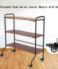 Heavy Duty Swivel Caster Wheels With Locking Brake And Threaded Stem on a wooden shelf, designed for smooth rolling and heavy weight support.