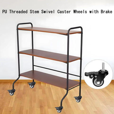 Heavy Duty Swivel Caster Wheels With Locking Brake And Threaded Stem on a wooden shelf, designed for smooth rolling and heavy weight support.