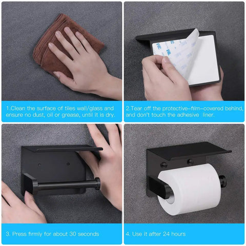 Installation steps for Self Adhesive Or Drilling Toilet Paper Holder With Built In Phone Shelf, Stainless Steel Wall Mounted.