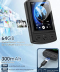 Clip-On 64GB MP3 Player With Bluetooth 5.2 featuring expandable storage and charging cable, shown with user interface and icons.