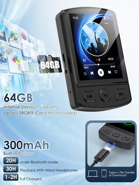Clip-On 64GB MP3 Player With Bluetooth 5.2 featuring expandable storage and charging cable, shown with user interface and icons.