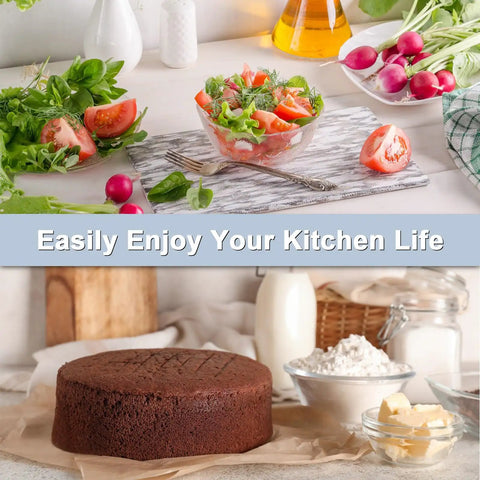 Ultra Slim Digital Kitchen Scale With 1G Precision And 11Lb Capacity beside a fresh salad and baking ingredients on the counter