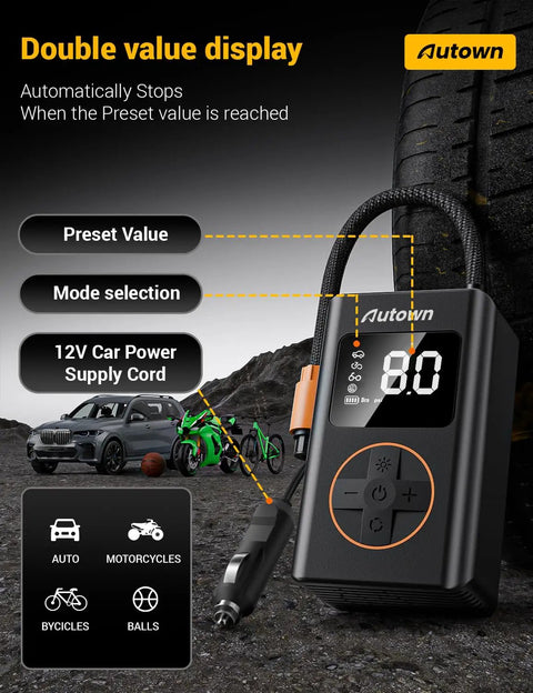 Flat Tire Repair Kit With Air Compressor 54 Piece Emergency Tool Set showing digital display and 12V car power cord