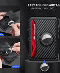 Smart Wallet For Men With AirTag Slot And RFID Blocking Minimalist Pop Up Aluminum Bifold Card Holder For 12 Or More Cards With ID Window Carbon Fiber Look A Dope Gift For Him showing AirTag insertion