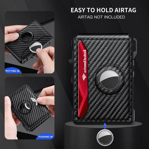 Smart Wallet For Men With AirTag Slot And RFID Blocking Minimalist Pop Up Aluminum Bifold Card Holder For 12 Or More Cards With ID Window Carbon Fiber Look A Dope Gift For Him showing AirTag insertion
