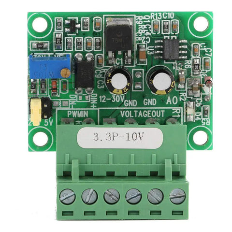 Front view of 3.3V PWM To 0 To 10V Voltage Converter Module for D A Digital Analog Conversion, green circuit board with terminals.
