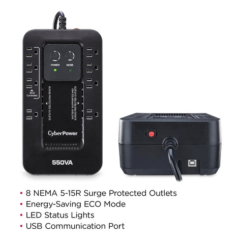 Ecologic 550VA 330W UPS Battery Backup And Surge Protector With Eight Outlets And ECO Mode For Home Office Networking And Entertainment Gear UL Certified