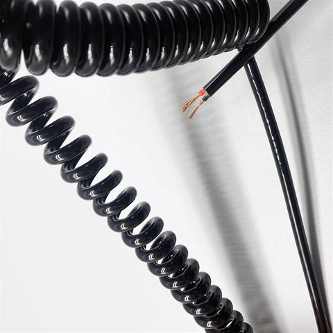 Heavy-Duty Coiled Power Cord 2 Core Spiral Extension Cable 1.5Mm Square Conductors flexible stretch design with exposed wiring.