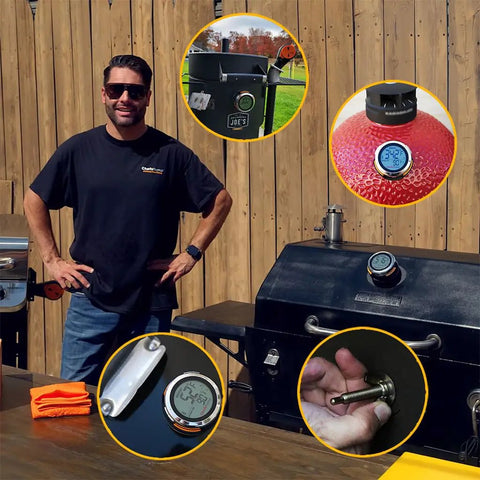 Universal Smart Grill Gauge Thermometer Hub With Wi Fi And Bluetooth For Kamado Joe Weber Grills And Smokers Replacement Accessory 3.5 Inch Length 0.3 Inch Diameter Not For Big Green Egg shown with user and close-ups on various grills.