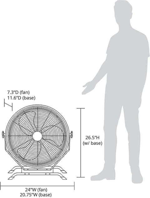 Diagram of WindPro18W Wall Mount Fan High Velocity Industrial Shop Garage Fan With 3 Speed Settings and 3000 CFM, dimensions indicated.