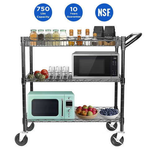 Heavy Duty 3 Tier Wire Rolling Utility Cart With Wheels For Kitchen And Office, Pro Grade Service Cart With Handle Bar, Rust Resistant Steel Shelving, High Temp Finish, Each Tier 250 Lb Capacity