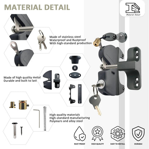 Material details of Rock Solid Gate Latch With Pull Cable Quick Release Two Sided Lockable Exterior Door Fixture in matte black.