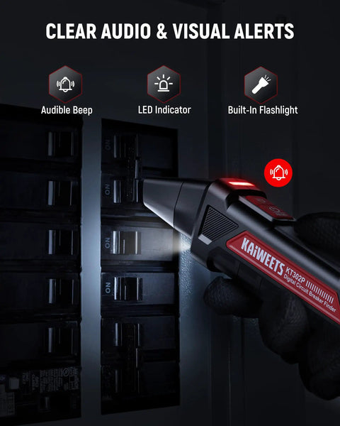 Hand using Circuit Breaker Finder Kit With GFCI Outlet Tester And Dual LED Indicators, All In One Electrical Tracer with flashlight