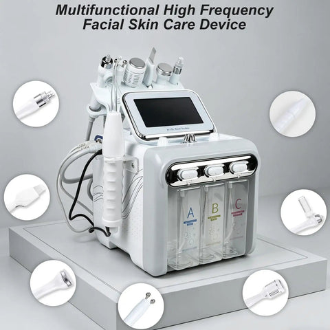 7 In 1 Facial Care Machine With Oxygen Boost For Deep Cleansing Hydration Pore Tightening Anti Aging And Spa Grade Home Salon Treatments Easy To Use Device For Pro Results At Home, showing multifunctional attachments and screen.