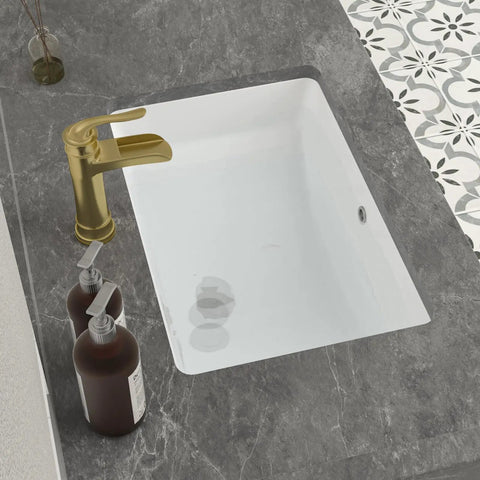 Undermount 21x14 Inch White Ceramic Bathroom Sink, Rectangular Vanity Lavatory Basin, Porcelain Under-Counter Hand Wash Sink With Overflow