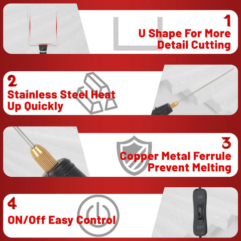 Four features of a Three In One Foam Cutter Kit With Hot Wire Pen Bending Knife And Bow Cutter For DIY Crafts, 90 To 250 Volt Electric Styrofoam Cutter, 18 Watt