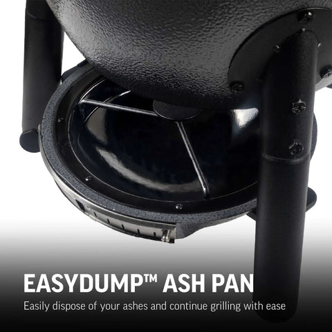 Close-up of Kamado-Style Portable Charcoal Grill And Smoker With Locking Lid, showing the compact ash finish and Easydump ash pan.