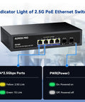 Six Port 2.5G PoE Switch With Four 2.5G PoE Ports And Two 10G SFP Slots Unmanaged Network Switch with indicator lights.