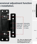 Hidden Door Hinges Ultra Thin Concealed Design With 110 Lb Load Capacity And Silent Adjustable Operation In Zinc Alloy Two Pack, showing adjustment functions and dimensions.