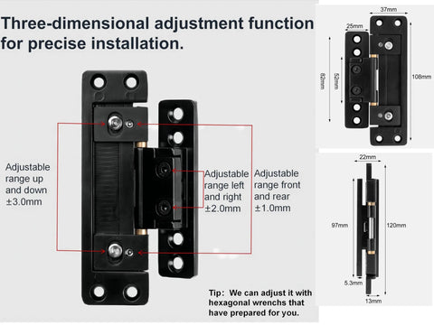 Hidden Door Hinges Ultra Thin Concealed Design With 110 Lb Load Capacity And Silent Adjustable Operation In Zinc Alloy Two Pack, showing adjustment functions and dimensions.