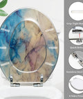 Elongated Toilet Seat Quiet Close for Home Bathroom Replacement with artistic blue and beige design, stainless steel hinges.