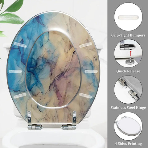 Elongated Toilet Seat Quiet Close for Home Bathroom Replacement with artistic blue and beige design, stainless steel hinges.