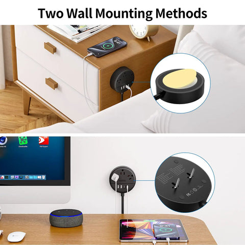 Image showing two wall mounting methods for 2 Prong To 3 Prong Outlet Adapter Power Strip With 180 Degree Rotating Plug.