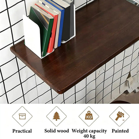 Folding Wall Desk With Solid Wood Board And Two Iron Brackets, 2.8cm Thick, books on desk, 40kg capacity, space saver
