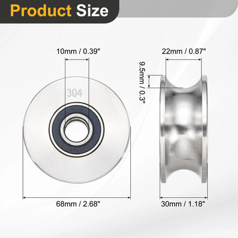 Heavy Duty U Groove Pulley Wheel Forged From Solid 304 Stainless Steel With 10mm Bore 68mm OD and 9.5mm Width dimensions shown.