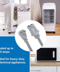 Six Foot 14/3 Gray Indoor Extension Cord With Grounded Flat Plug For Air Conditioners And Major Appliances, in use with heaters and microwave