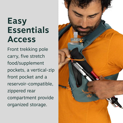 Man accessing pockets of Duro 1.5L Mens Running Hydration Vest With Hydraulics Soft Flasks Breathable Mesh No Bounce Fit