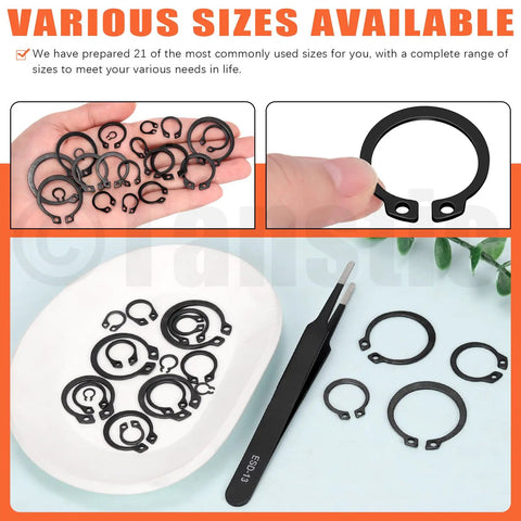 External Retaining Rings Kit 265 Pcs In 21 Sizes For Axles And Shafts Snap Ring Circlip C Clip Assortment Set displayed on a plate