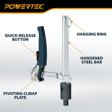 Heavy Duty Welding Clamps Set of 2 for 5/8 Inch Fixture Holes with quick-release button, pivoting clamp plate, and hanging ring.