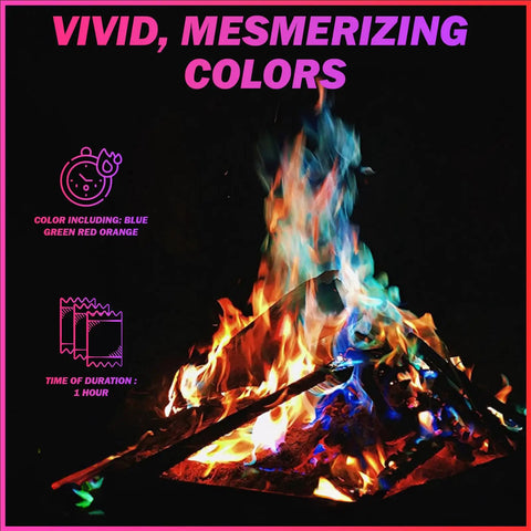 Vibrant flames with Colorful Fire Packets For Campfires And Fire Pits, blue and red flames, mesmerizing outdoor display captured at night.