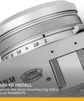 Close-up of Fujifilm camera with NC UV Silver Frame Lens Protector Filter for X100 Series, highlighting easy install and fit.