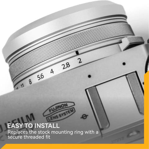 Close-up of Fujifilm camera with NC UV Silver Frame Lens Protector Filter for X100 Series, highlighting easy install and fit.